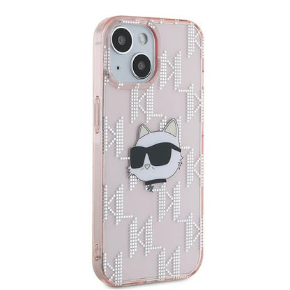Funda para Apple iPhone 15, Karl Lagerfeld, IML Luxury Monogram Choupette's Head, Rosa