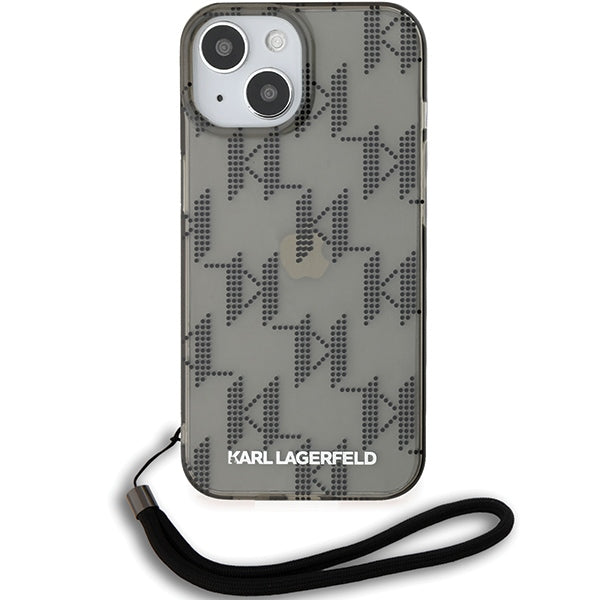 Funda para Apple iPhone 15, Karl Lagerfeld, IML Luxury Monogram KL Pattern with Strap, Negra