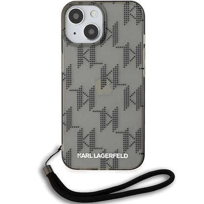 Funda para Apple iPhone 15, Karl Lagerfeld, IML Luxury Monogram KL Pattern with Strap, Negra
