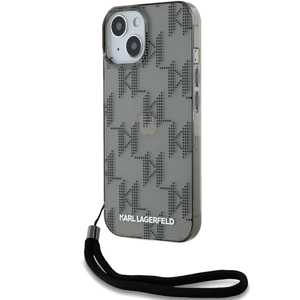 Funda para Apple iPhone 15, Karl Lagerfeld, IML Luxury Monogram KL Pattern with Strap, Negra