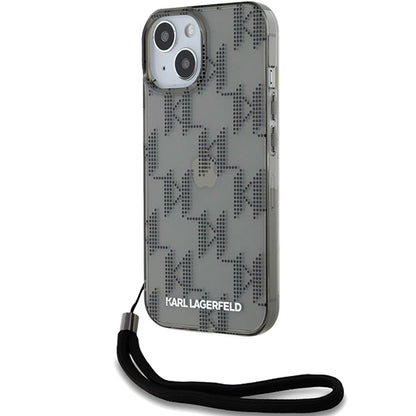 Funda para Apple iPhone 15, Karl Lagerfeld, IML Luxury Monogram KL Pattern with Strap, Negra