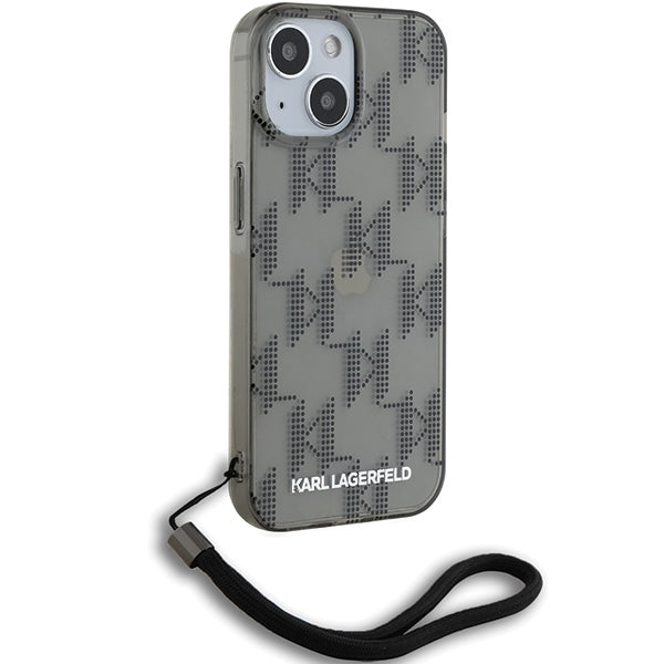 Funda para Apple iPhone 15, Karl Lagerfeld, IML Luxury Monogram KL Pattern with Strap, Negra