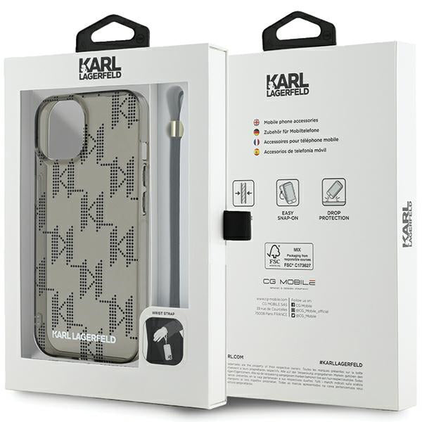 Funda para Apple iPhone 15, Karl Lagerfeld, IML Luxury Monogram KL Pattern with Strap, Negra