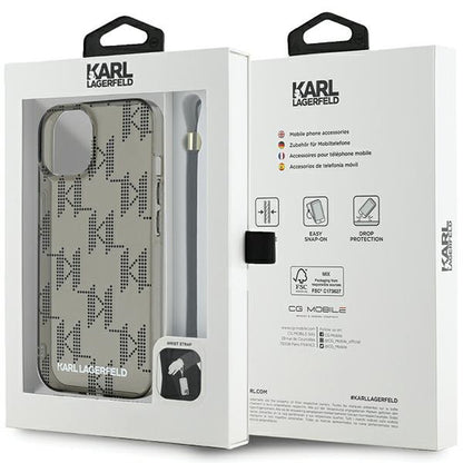 Funda para Apple iPhone 15, Karl Lagerfeld, IML Luxury Monogram KL Pattern with Strap, Negra