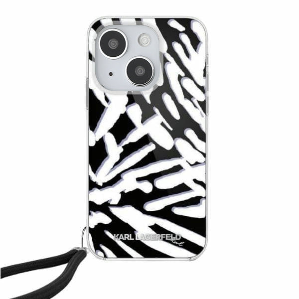 Funda para Apple iPhone 15, Karl Lagerfeld, IML Luxury Zebra Pattern with Strap, Negra