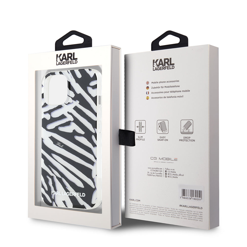 Funda para Apple iPhone 15, Karl Lagerfeld, IML Luxury Zebra Pattern with Strap, Negra