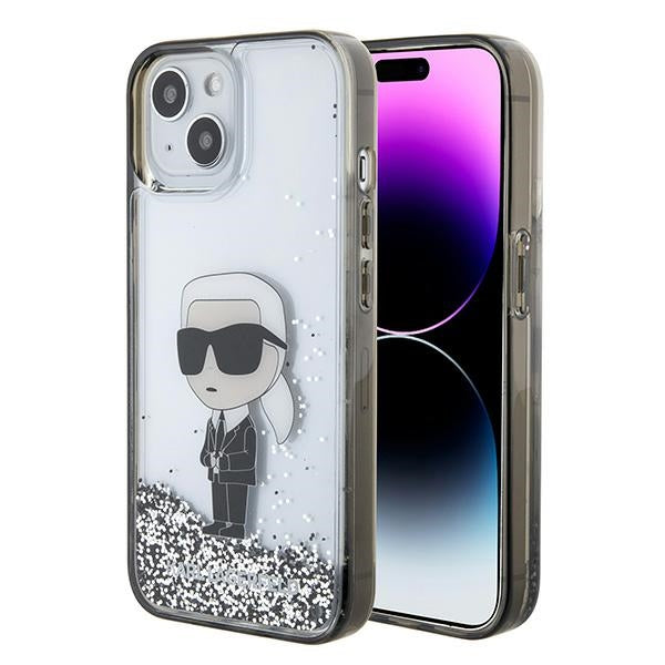 Funda para Apple iPhone 15, Karl Lagerfeld, Liquid Glitter Ikonik Karl, Transparente
