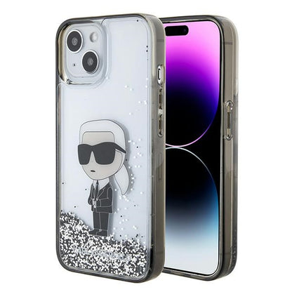 Funda para Apple iPhone 15, Karl Lagerfeld, Liquid Glitter Ikonik Karl, Transparente