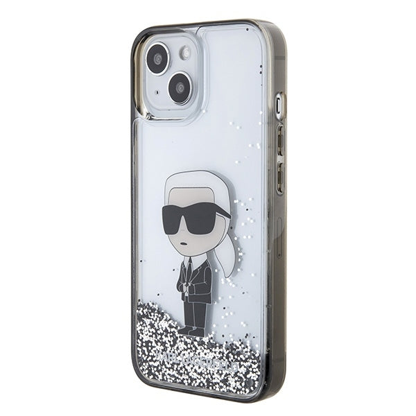 Funda para Apple iPhone 15, Karl Lagerfeld, Liquid Glitter Ikonik Karl, Transparente