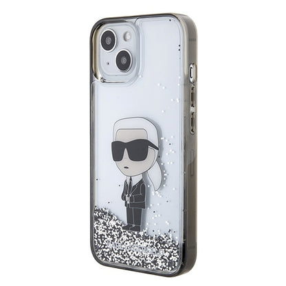 Funda para Apple iPhone 15, Karl Lagerfeld, Liquid Glitter Ikonik Karl, Transparente