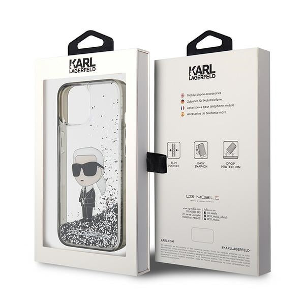 Funda para Apple iPhone 15, Karl Lagerfeld, Liquid Glitter Ikonik Karl, Transparente