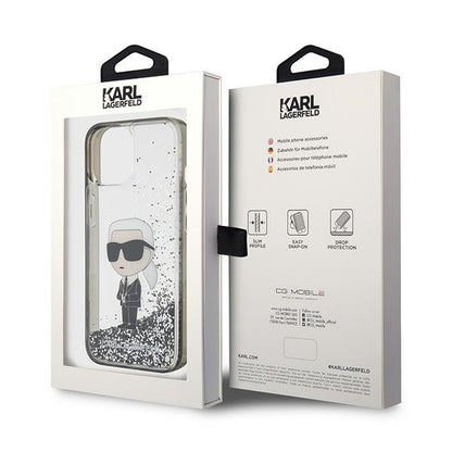 Funda para Apple iPhone 15, Karl Lagerfeld, Liquid Glitter Ikonik Karl, Transparente