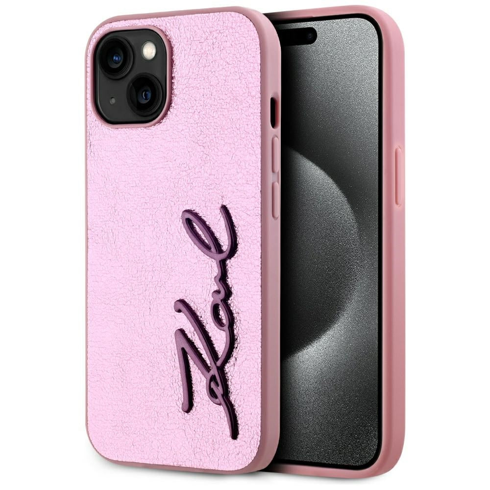 Funda para Apple iPhone 15, Karl Lagerfeld, Metal Signature, Rosa