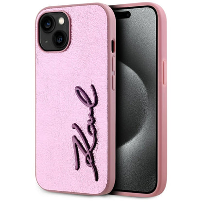 Funda para Apple iPhone 15, Karl Lagerfeld, Metal Signature, Rosa