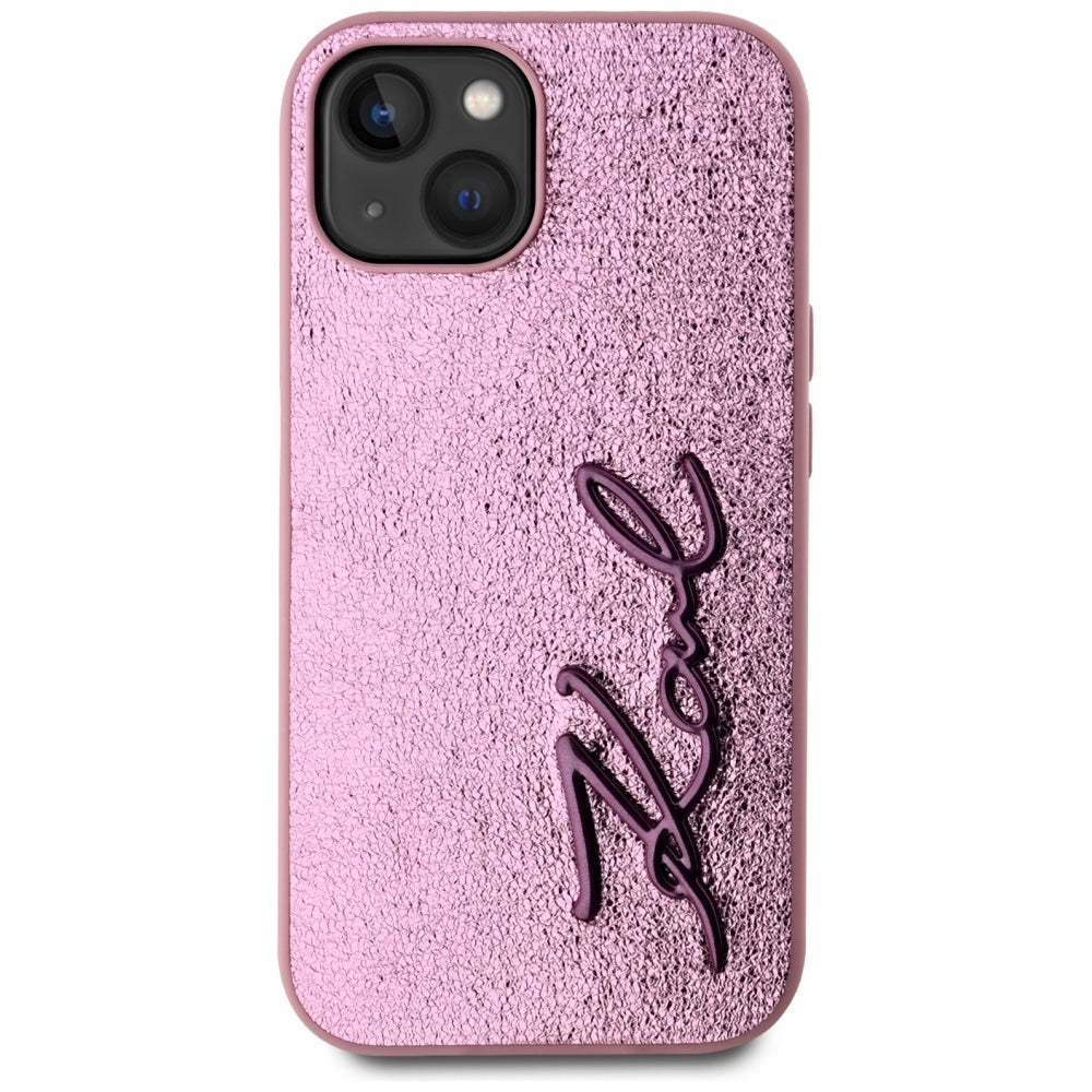 Funda para Apple iPhone 15, Karl Lagerfeld, Metal Signature, Rosa
