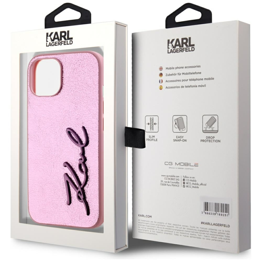 Funda para Apple iPhone 15, Karl Lagerfeld, Metal Signature, Rosa
