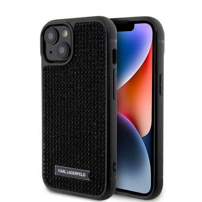Funda para Apple iPhone 15, Karl Lagerfeld, Placa de Metal con Pedrería, Negra