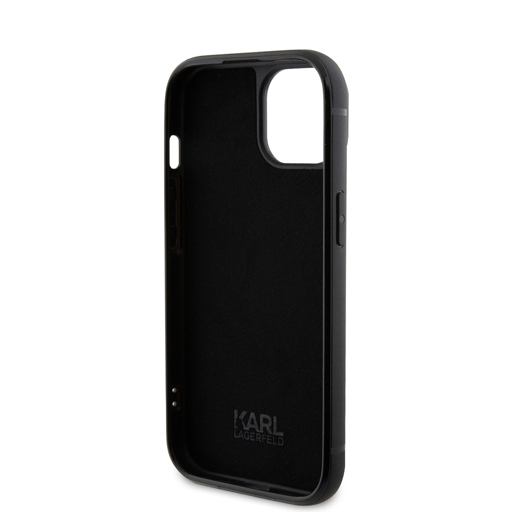 Funda para Apple iPhone 15, Karl Lagerfeld, Placa de Metal con Pedrería, Negra
