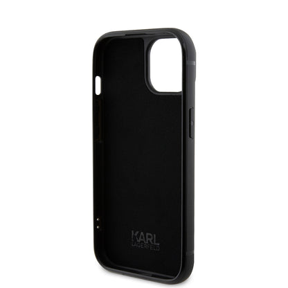 Funda para Apple iPhone 15, Karl Lagerfeld, Placa de Metal con Pedrería, Negra