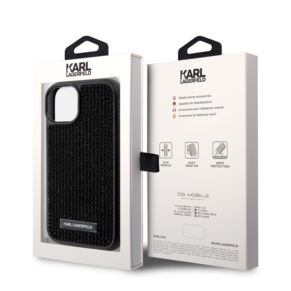 Funda para Apple iPhone 15, Karl Lagerfeld, Placa de Metal con Pedrería, Negra