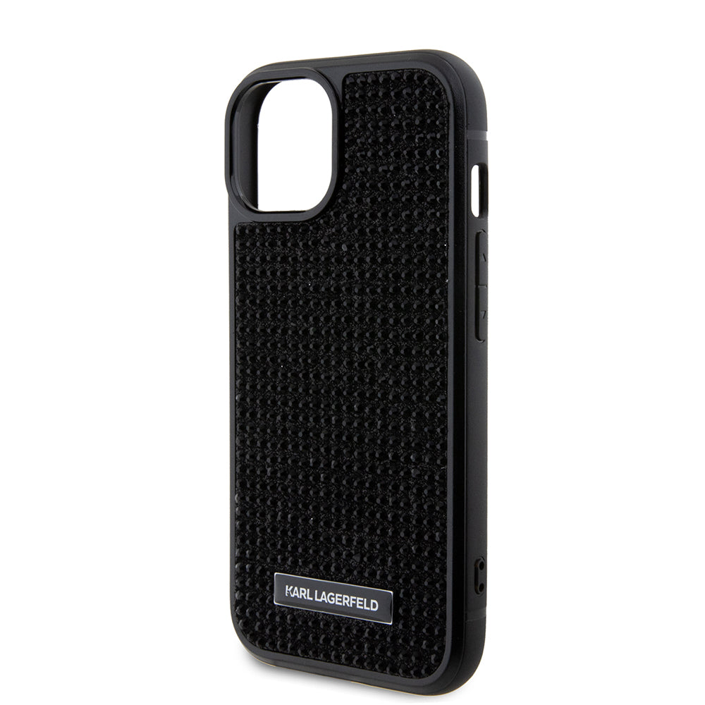 Funda para Apple iPhone 15, Karl Lagerfeld, Placa de Metal con Pedrería, Negra
