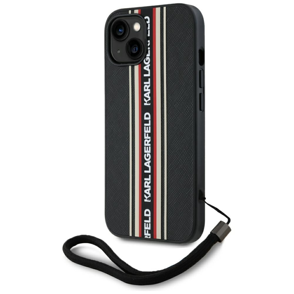 Funda para Apple iPhone 15, Karl Lagerfeld, Saffiano Athleisure Stripes with Strap, Rosie