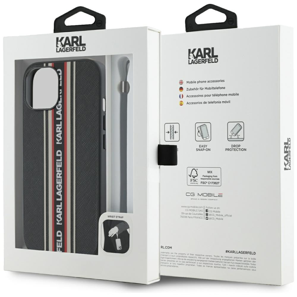 Funda para Apple iPhone 15, Karl Lagerfeld, Saffiano Athleisure Stripes with Strap, Rosie