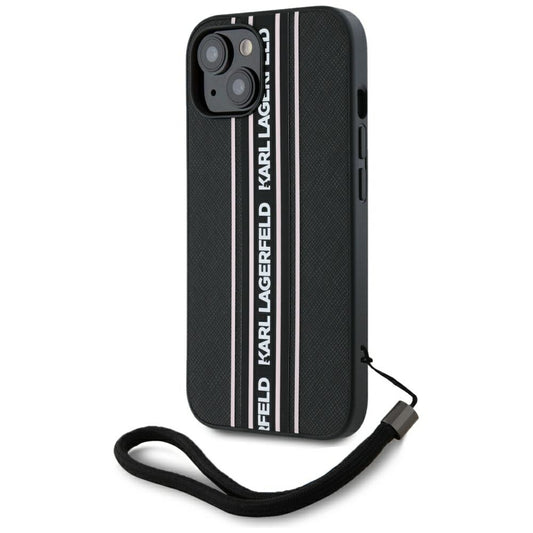 Funda para Apple iPhone 15, Karl Lagerfeld, Saffiano Athleisure Stripes with Strap, Rosa