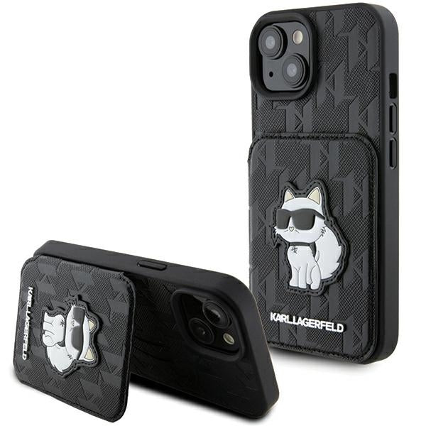 Funda para Apple iPhone 15, Karl Lagerfeld, Saffiano Cardslots and Stand Monogram Choupette, Negra