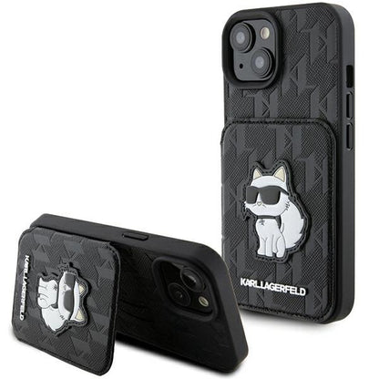 Funda para Apple iPhone 15, Karl Lagerfeld, Saffiano Cardslots and Stand Monogram Choupette, Negra