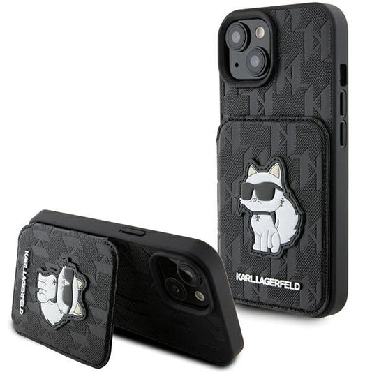 Funda para Apple iPhone 15, Karl Lagerfeld, Saffiano Cardslots and Stand Monogram Choupette, Negra
