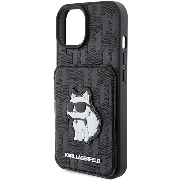 Funda para Apple iPhone 15, Karl Lagerfeld, Saffiano Cardslots and Stand Monogram Choupette, Negra