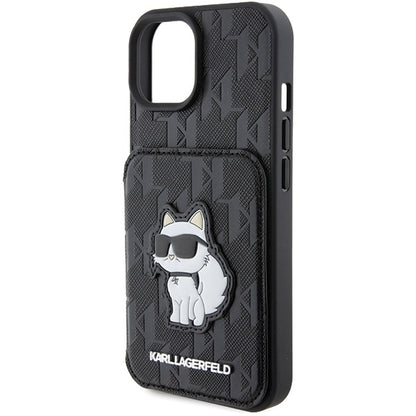 Funda para Apple iPhone 15, Karl Lagerfeld, Saffiano Cardslots and Stand Monogram Choupette, Negra