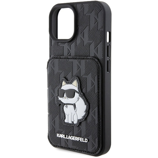 Funda para Apple iPhone 15, Karl Lagerfeld, Saffiano Cardslots and Stand Monogram Choupette, Negra