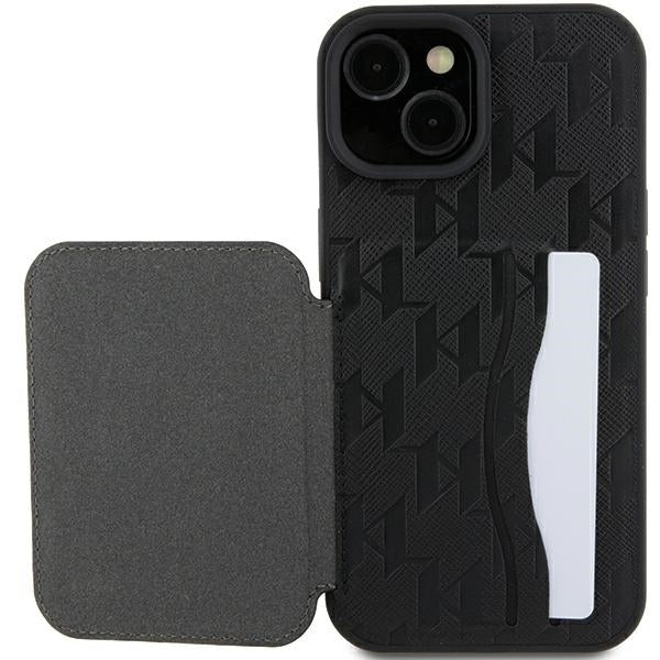 Funda para Apple iPhone 15, Karl Lagerfeld, Saffiano Cardslots and Stand Monogram Choupette, Negra