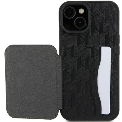 Funda para Apple iPhone 15, Karl Lagerfeld, Saffiano Cardslots and Stand Monogram Choupette, Negra