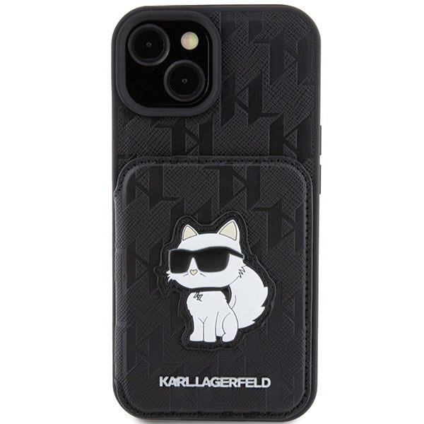 Funda para Apple iPhone 15, Karl Lagerfeld, Saffiano Cardslots and Stand Monogram Choupette, Negra