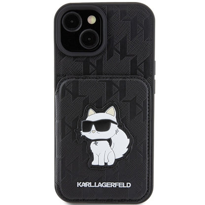 Funda para Apple iPhone 15, Karl Lagerfeld, Saffiano Cardslots and Stand Monogram Choupette, Negra