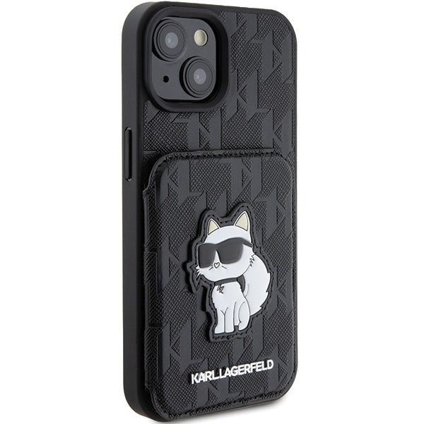 Funda para Apple iPhone 15, Karl Lagerfeld, Saffiano Cardslots and Stand Monogram Choupette, Negra