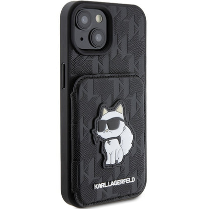 Funda para Apple iPhone 15, Karl Lagerfeld, Saffiano Cardslots and Stand Monogram Choupette, Negra