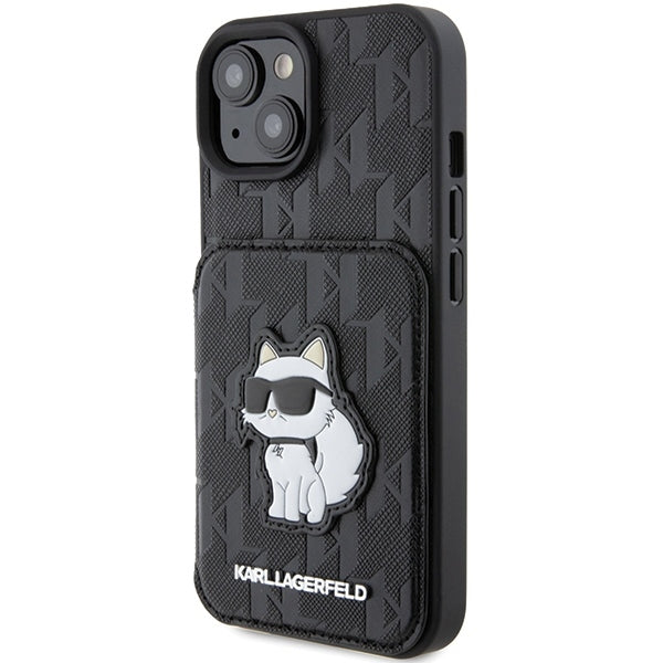 Funda para Apple iPhone 15, Karl Lagerfeld, Saffiano Cardslots and Stand Monogram Choupette, Negra