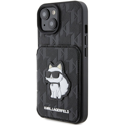 Funda para Apple iPhone 15, Karl Lagerfeld, Saffiano Cardslots and Stand Monogram Choupette, Negra