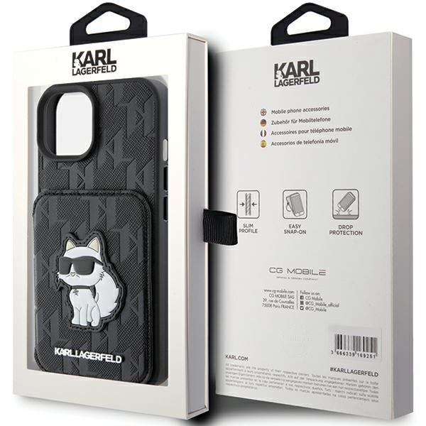 Funda para Apple iPhone 15, Karl Lagerfeld, Saffiano Cardslots and Stand Monogram Choupette, Negra