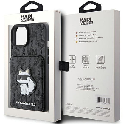 Funda para Apple iPhone 15, Karl Lagerfeld, Saffiano Cardslots and Stand Monogram Choupette, Negra