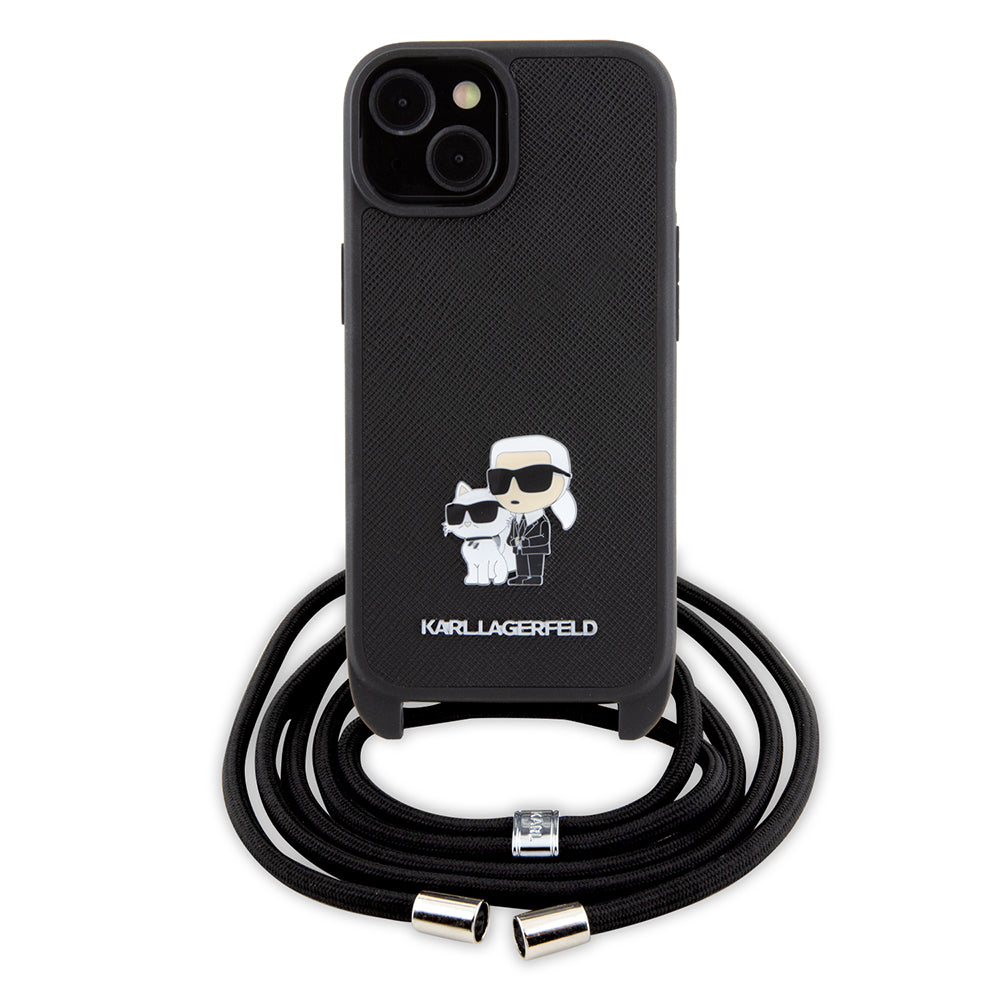 Funda para Apple iPhone 15, Karl Lagerfeld, Saffiano Crossbody Metal Pin Karl & Choupette, Negra