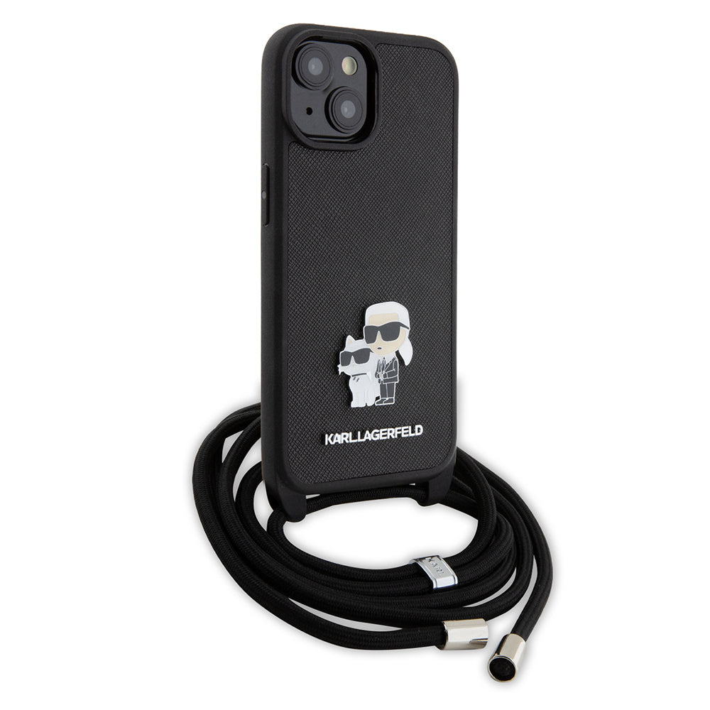 Funda para Apple iPhone 15, Karl Lagerfeld, Saffiano Crossbody Metal Pin Karl & Choupette, Negra