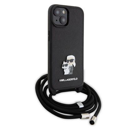 Funda para Apple iPhone 15, Karl Lagerfeld, Saffiano Crossbody Metal Pin Karl & Choupette, Negra