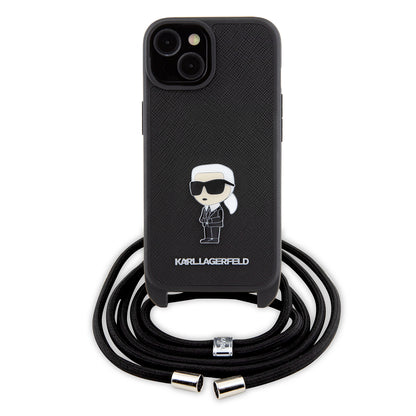 Funda para Apple iPhone 15, Karl Lagerfeld, Saffiano Crossbody Monogram Metal Pin Karl, Negra