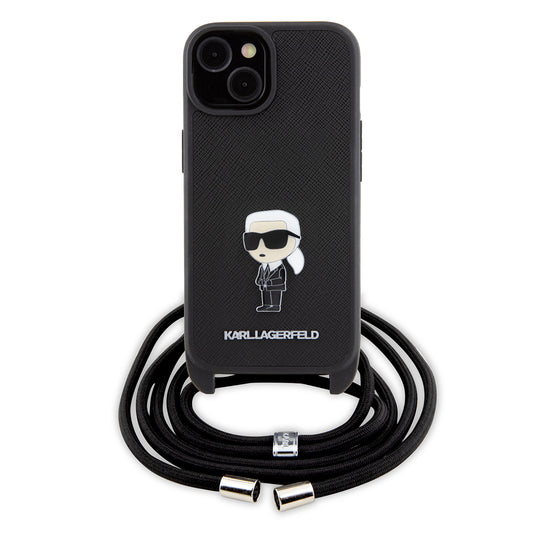 Funda para Apple iPhone 15, Karl Lagerfeld, Saffiano Crossbody Monogram Metal Pin Karl, Negra