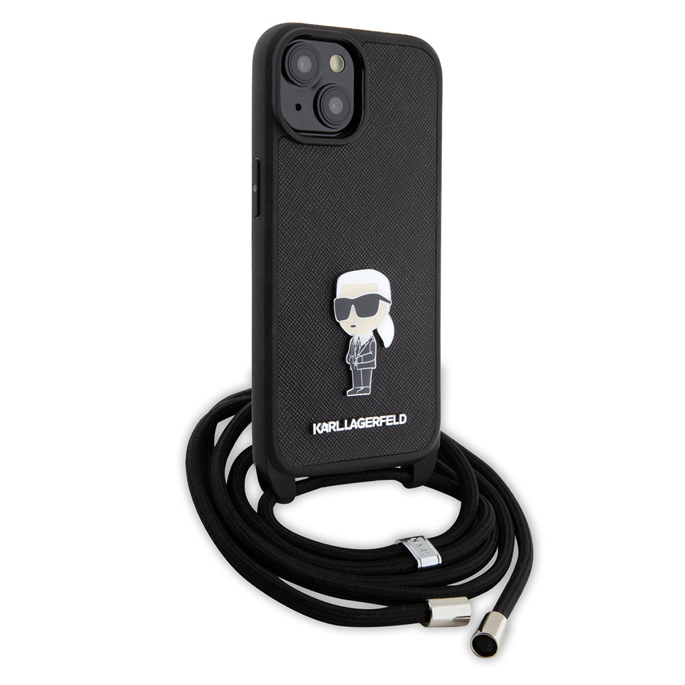 Funda para Apple iPhone 15, Karl Lagerfeld, Saffiano Crossbody Monogram Metal Pin Karl, Negra